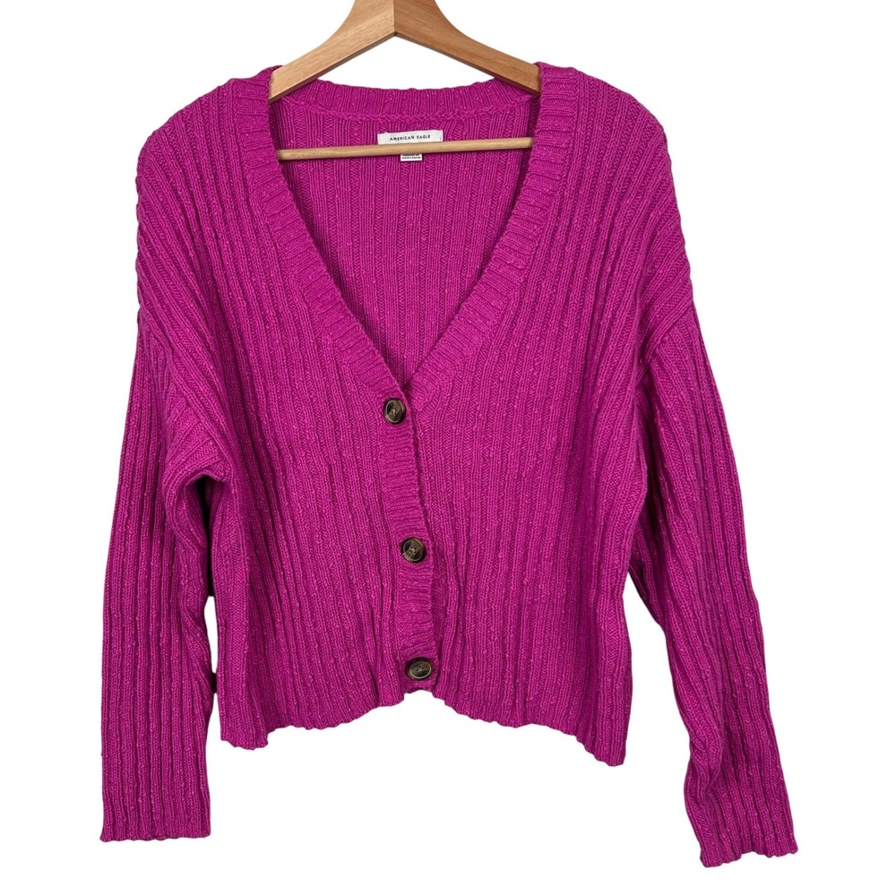 American Eagle Womens Ribbed V Neck Button Front Cardigan Magenta Size Medium